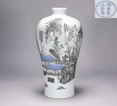Plum vase of Yongzheng pastel landscape figure in Qing Dynas...