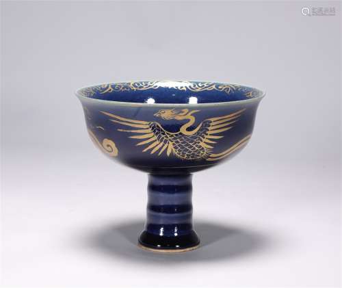 Blue Glaze painted Golden Phoenix pattern High foot Bowl in ...