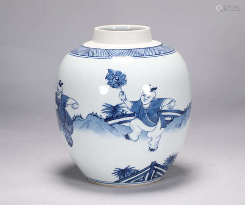 Qing Dynasty Kangxi blue and white figure jar