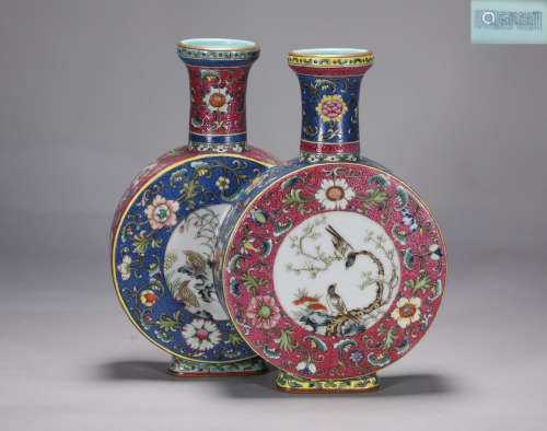 A Famille Rose Flower-and-bird conjoined Vase Qianlong Style