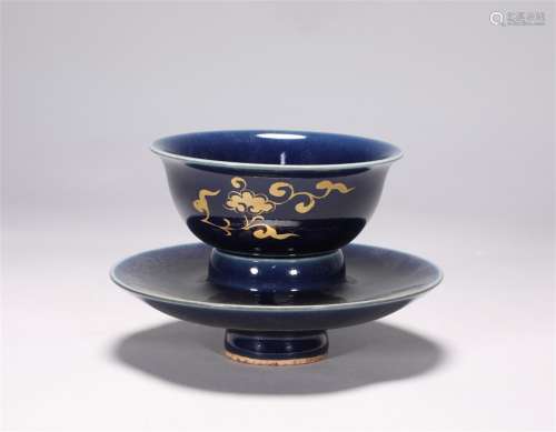 Gold cup painted with blue glaze for sacrifice in Yuan Dynas...
