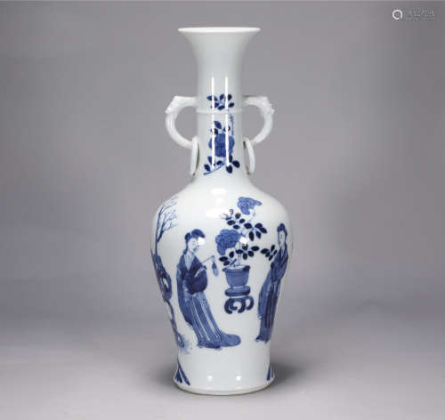 Qing Dynasty Kangxi blue and white figure double ear bottle