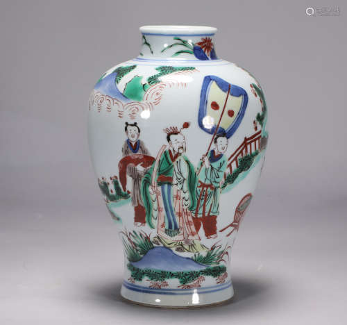 Plum vase of blue and white colorful figures in Kangxi of Qi...