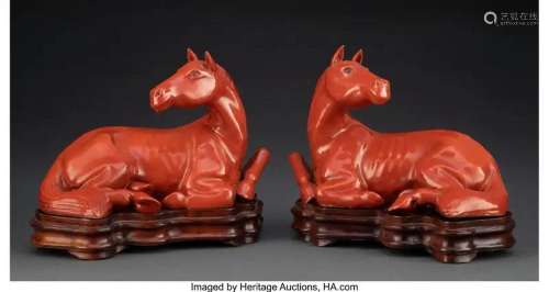 78379: A Pair of Chinese Iron Red Porcelain Horses 6-3/