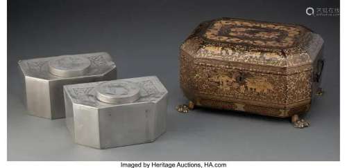 78387: A Chinese Export Lacquered Box with Two Pewter T