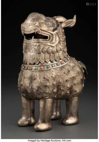 78390: A Chinese Silver-Plated Covered Qilin Censer 11-