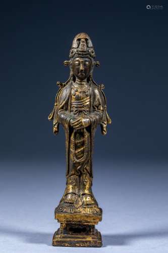 Ancient Chinese Khitan Gilt Guanyin Standing Statue