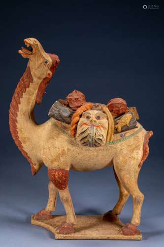 Ancient Chinese three-colored human face saddle pottery came...