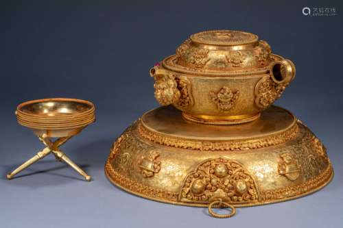 A set of ancient Chinese gilt eight treasures cooking utensi...