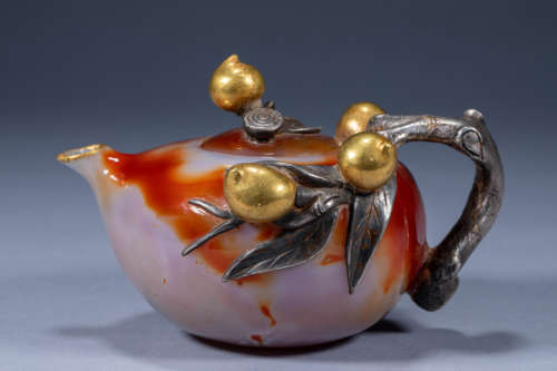 Ancient Chinese agate silver handle gilt pot