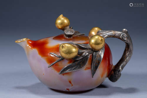 Ancient Chinese agate silver handle gilt pot
