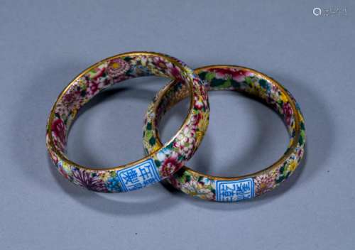 Pair of ancient Chinese pastel flower porcelain bracelets