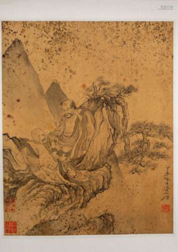 Ancient Chinese silk painting of Ding Weishuo Ri Jishan monk