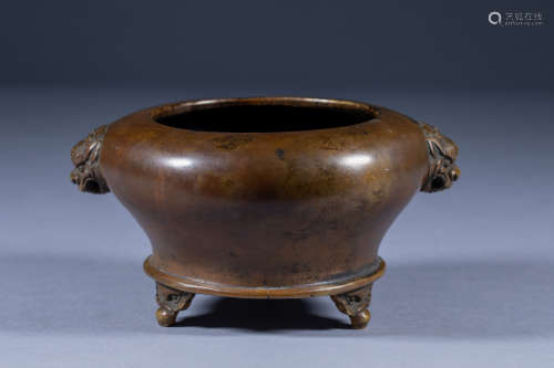 Ancient Chinese three-legged double lion ear bowl-shaped inc...