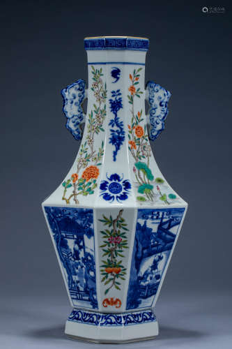 Chinese Qing Dynasty Qianlong blue and white pastel hexagona...