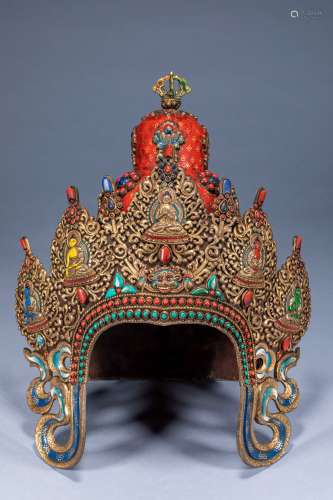 Ancient Chinese Buddhist gem-encrusted battle helmet