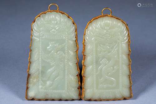A pair of ancient Chinese jade bag gold dragon and phoenix t...