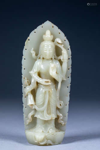 Ancient Chinese Hetian jade four-armed Guanyin