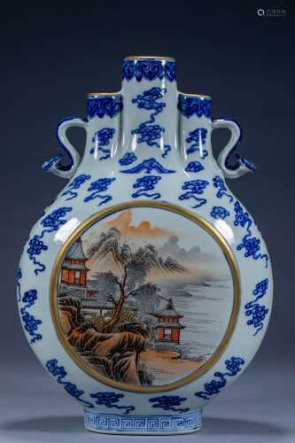 Ancient Chinese blue and white open window landscape three-t...