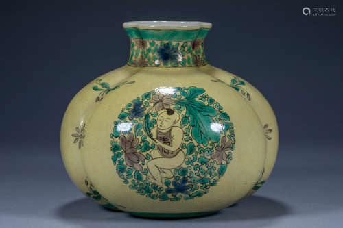 Chinese Qing Dynasty Kangxi yellow glaze boy holding lotus a...