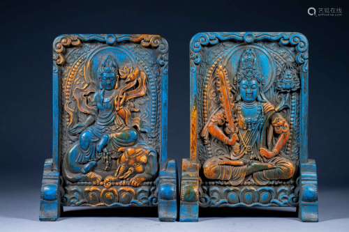 A pair of ancient Chinese lapis lazuli carved Buddhist panel...