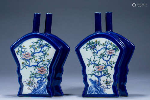 A pair of blue-glazed double-connected flat vases in Qianlon...