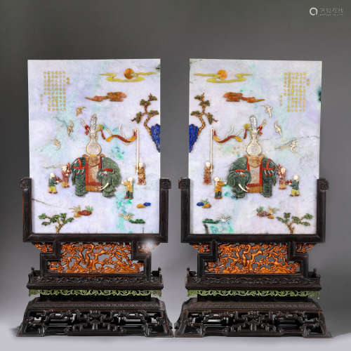 Pair of Inscribed Gilt-Inlaid Jadeite Table Screens