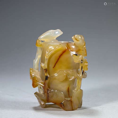 Carved Agate Flower and Bird Water Coupe