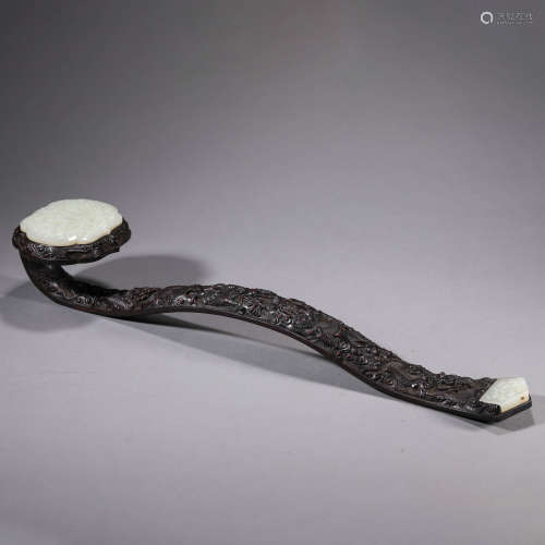 Sandalwood Jade Inlaid Dragon Ruyi Scepter