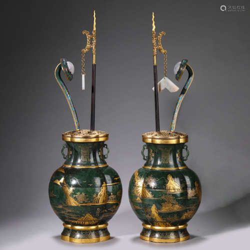 Spinach-Green Jade Gilt-Inlaid Landscape Vase