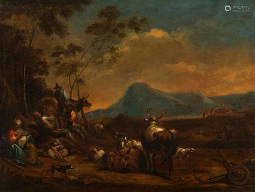 Flemish school; 17th century."Pastoral scene`.Oil on ca...