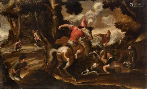 Spanish school; 17th century."Hunting scene".Oil o...