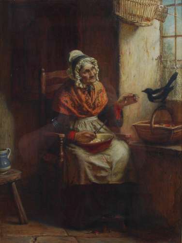 Arthur Stocks RI (1846-1889) The Pet Magpie oil on canvas, s...