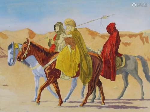 20th Century School Three Arab Horsemen acrylic and pencil 3...