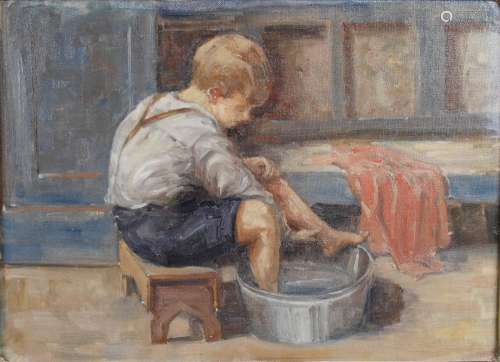 20th century British School Portrait of a boy bathing his fe...