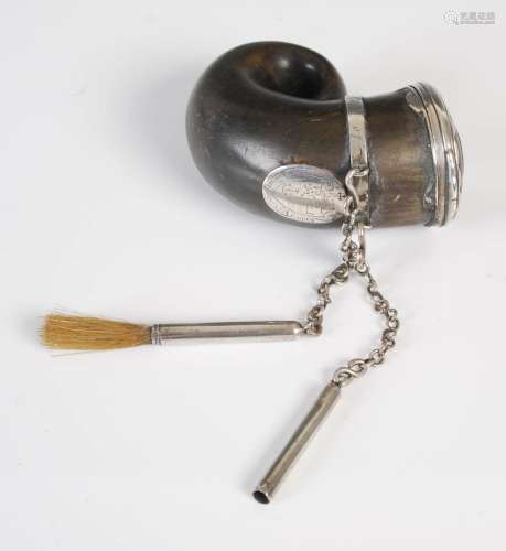 A 19th century white metal mounted horn snuff mull, the hing...
