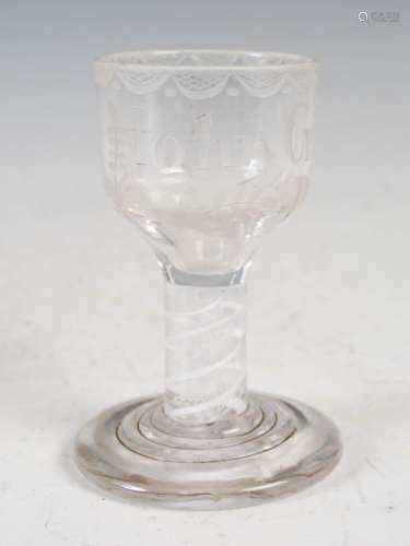 An 18th century opaque twist firing glass, the bowl with whe...