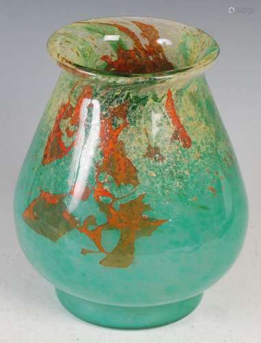 A Monart vase, shape RA, mottled green and orange glass with...