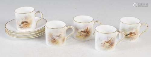 Five Royal Worcester coffee cans and four saucers decorated ...