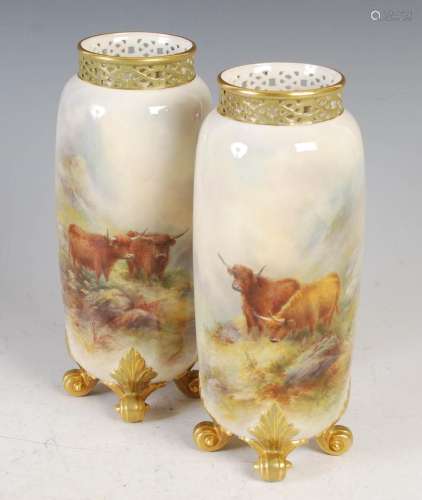 A pair of Royal Worcester porcelain vases decorated by Harry...