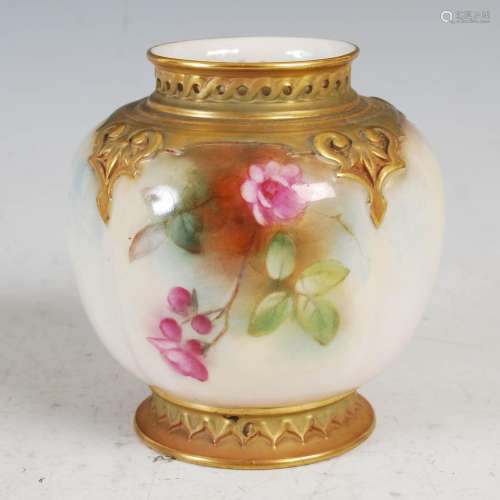 A Royal Worcester hand painted porcelain jar, decorated with...