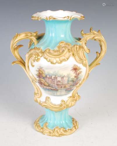 A 19th century English porcelain turquoise blue twin handled...