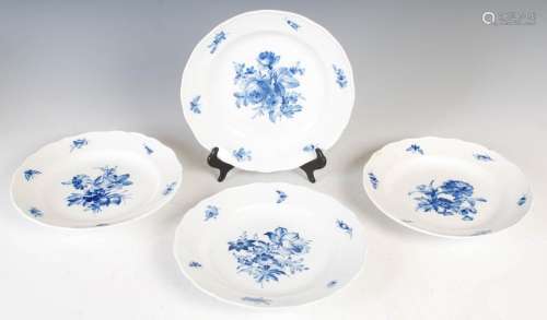 Four Meissen porcelain blue and white plates, decorated with...