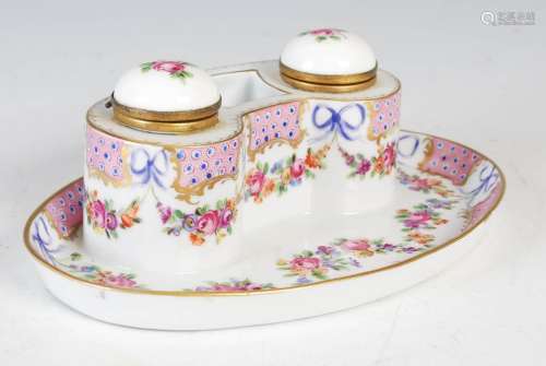 A Dresden porcelain inkwell, with two hinged compartments ei...