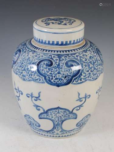 A Chinese porcelain blue and white jar and cover, Qing Dynas...