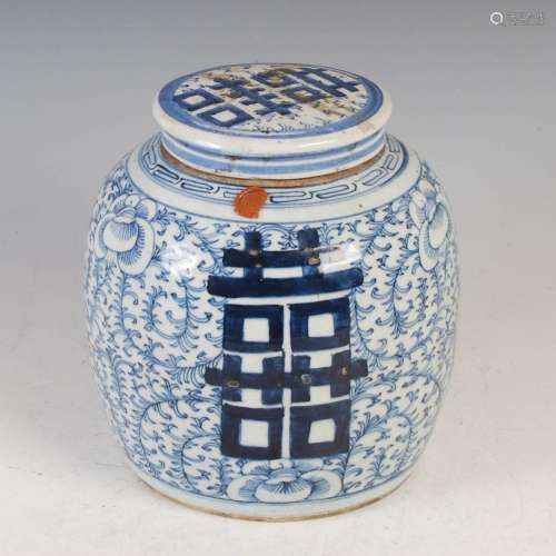 A Chinese porcelain blue and white jar and cover, Qing Dynas...
