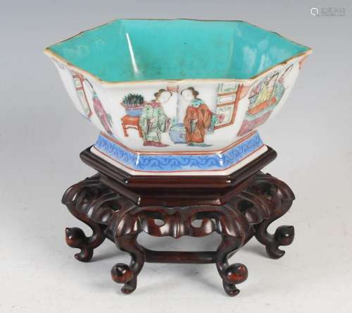 A Chinese porcelain famille rose hexagonal shaped bowl on ca...