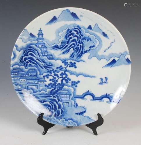 A Japanese blue and white porcelain dish, 20th century, deco...