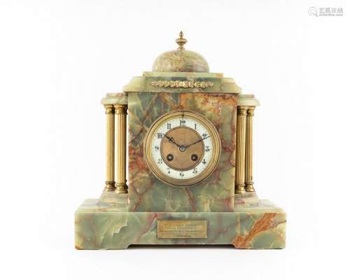 A Victorian green onyx cased mantel clock, 13 1/2 x 13 1/4 x...