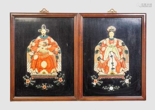 A pair of Chinese inlaid stone and lacquer panels of a seate...